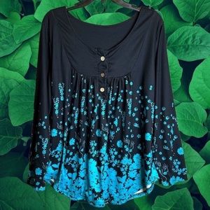 XL Blue Floral Black Peplum Long Sleeve Blouse
